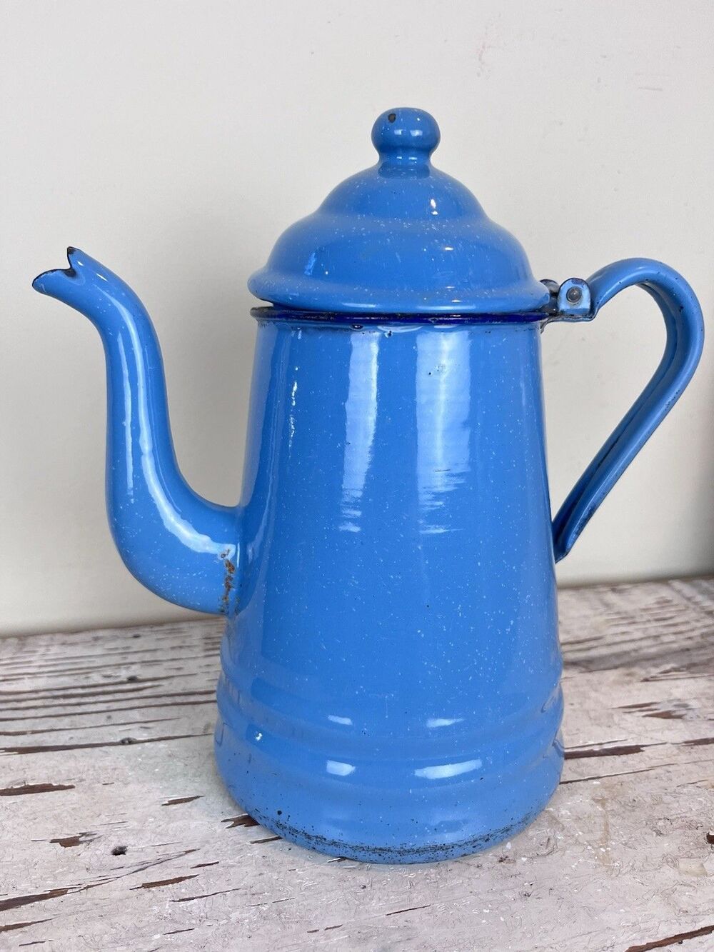 Vintage Blue Goose Neck Enamel Coffee Tea Pot / Primitive Farmhouse Kitchen 10.5